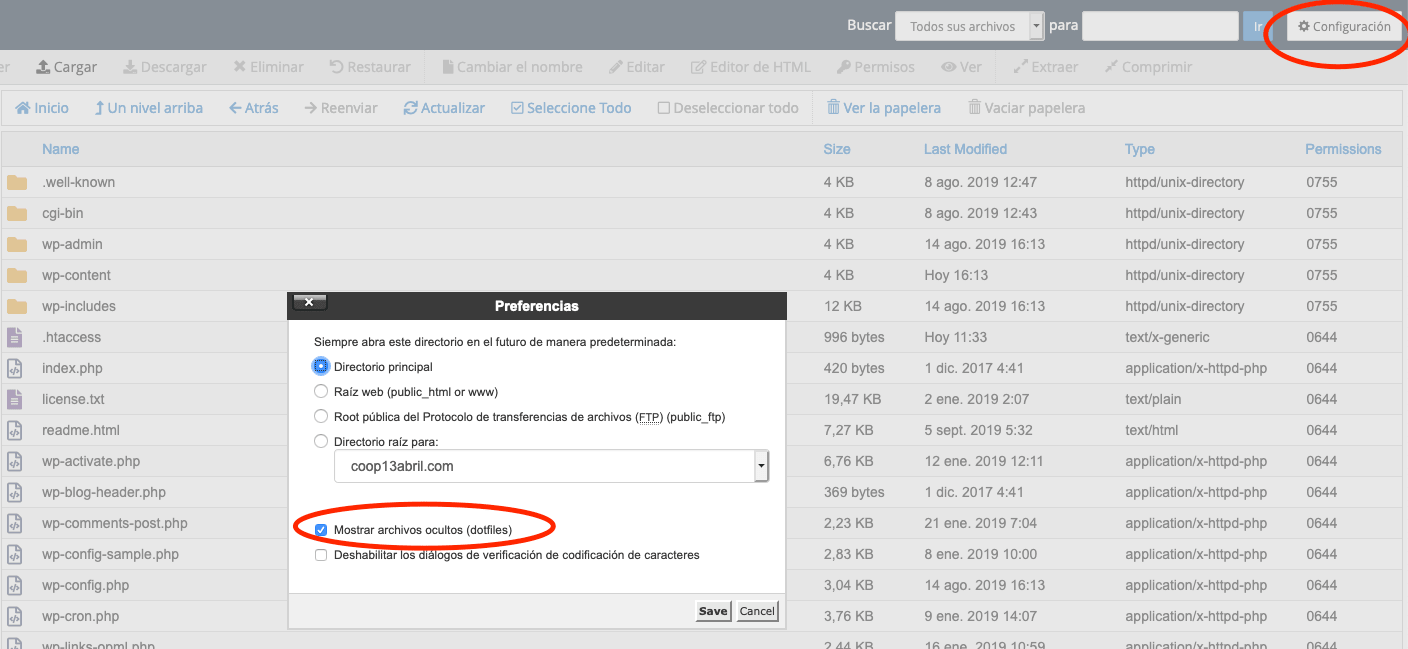 ver archivos ocultos en cpanel