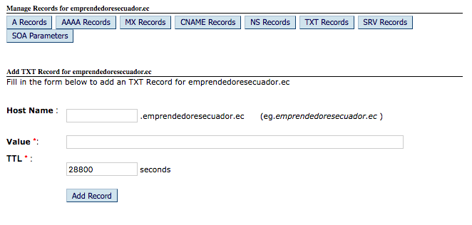 TXT records hosting ecuador