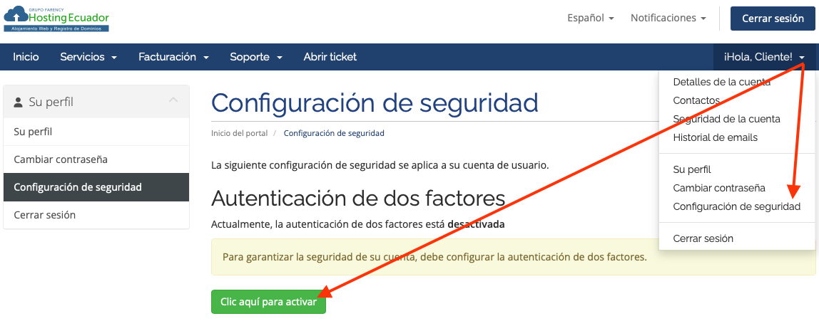 Activar doble factor Activación de Google Authenticator